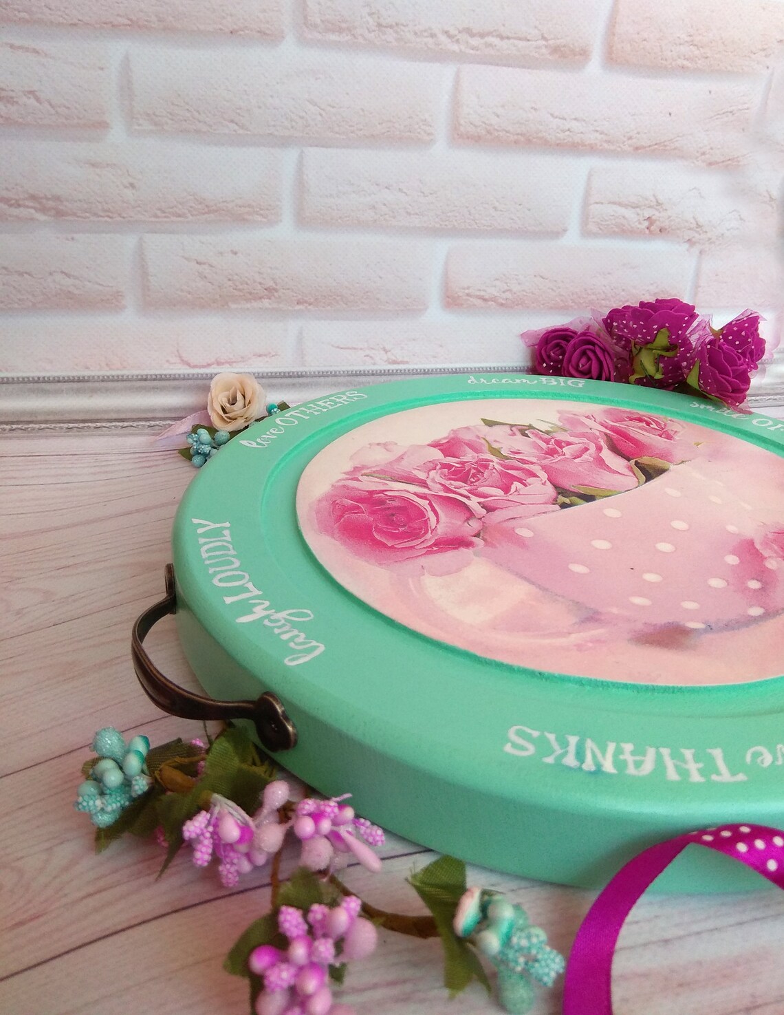 Wooden Round Tray With Handles Positive Vibes Cheer up Gift Etsy