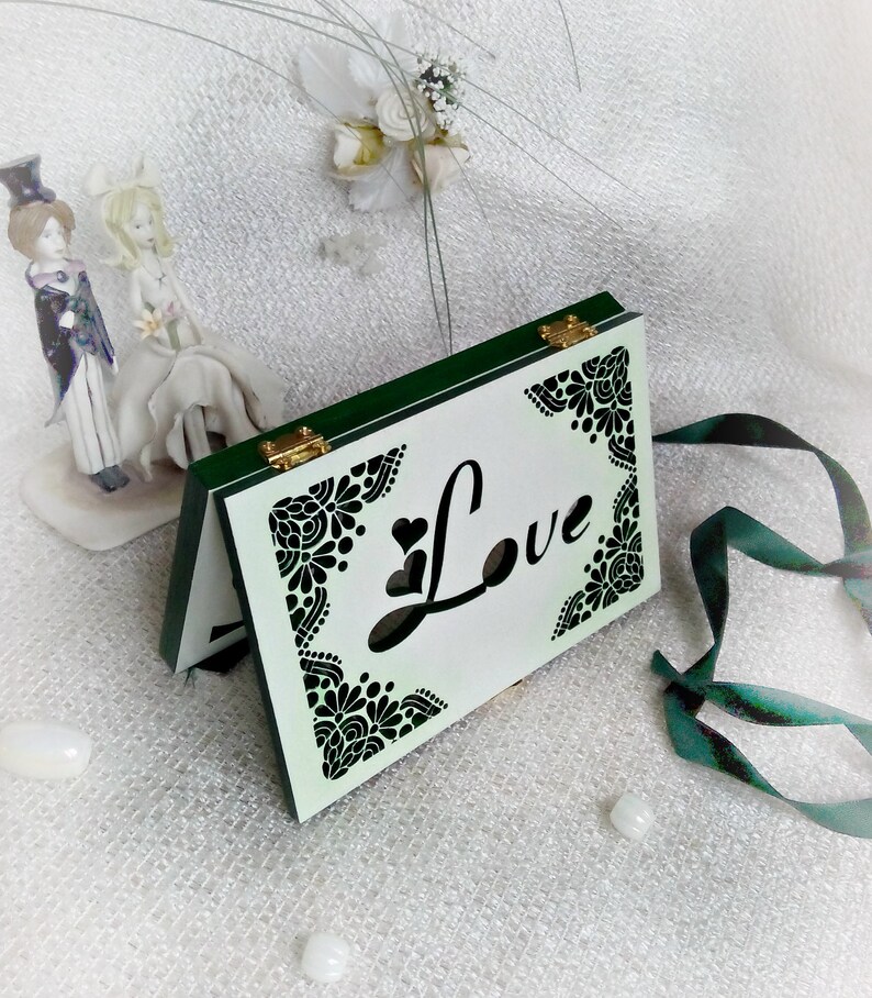 Valentines gift Jewelry box White Emerald green Greenery Cute Wooden Wedding ring box elegant Ring holder Infinity symbol Love