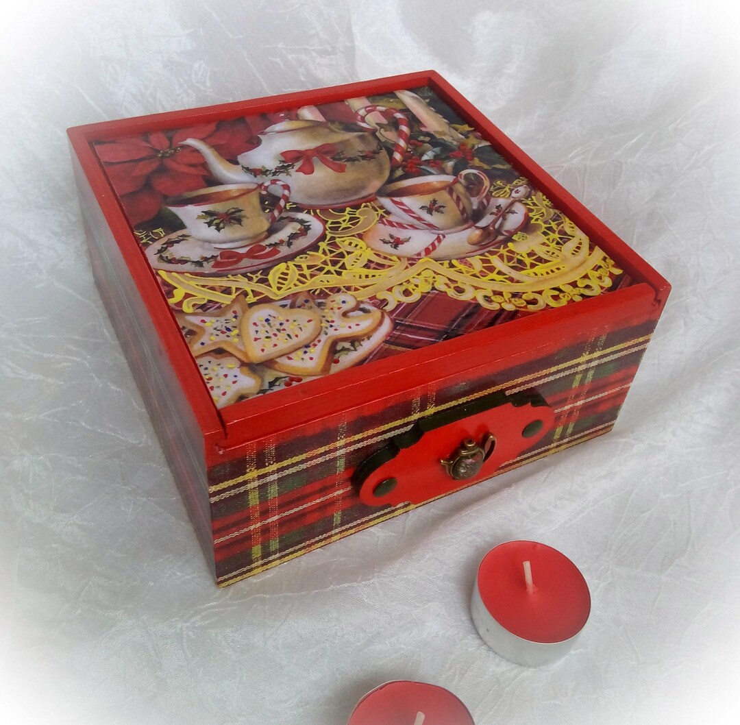 Tea Box Wooden Tea Box Tea Storage Poinsettia Christmas Utencil