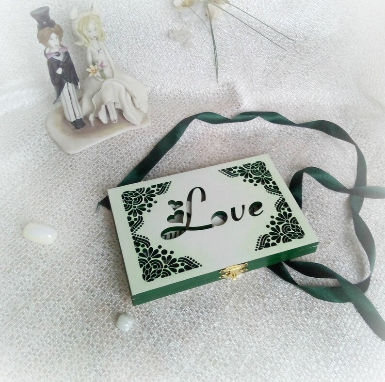 Valentines gift Jewelry box White Emerald green Greenery Cute Wooden Wedding ring box elegant Ring holder Infinity symbol Love