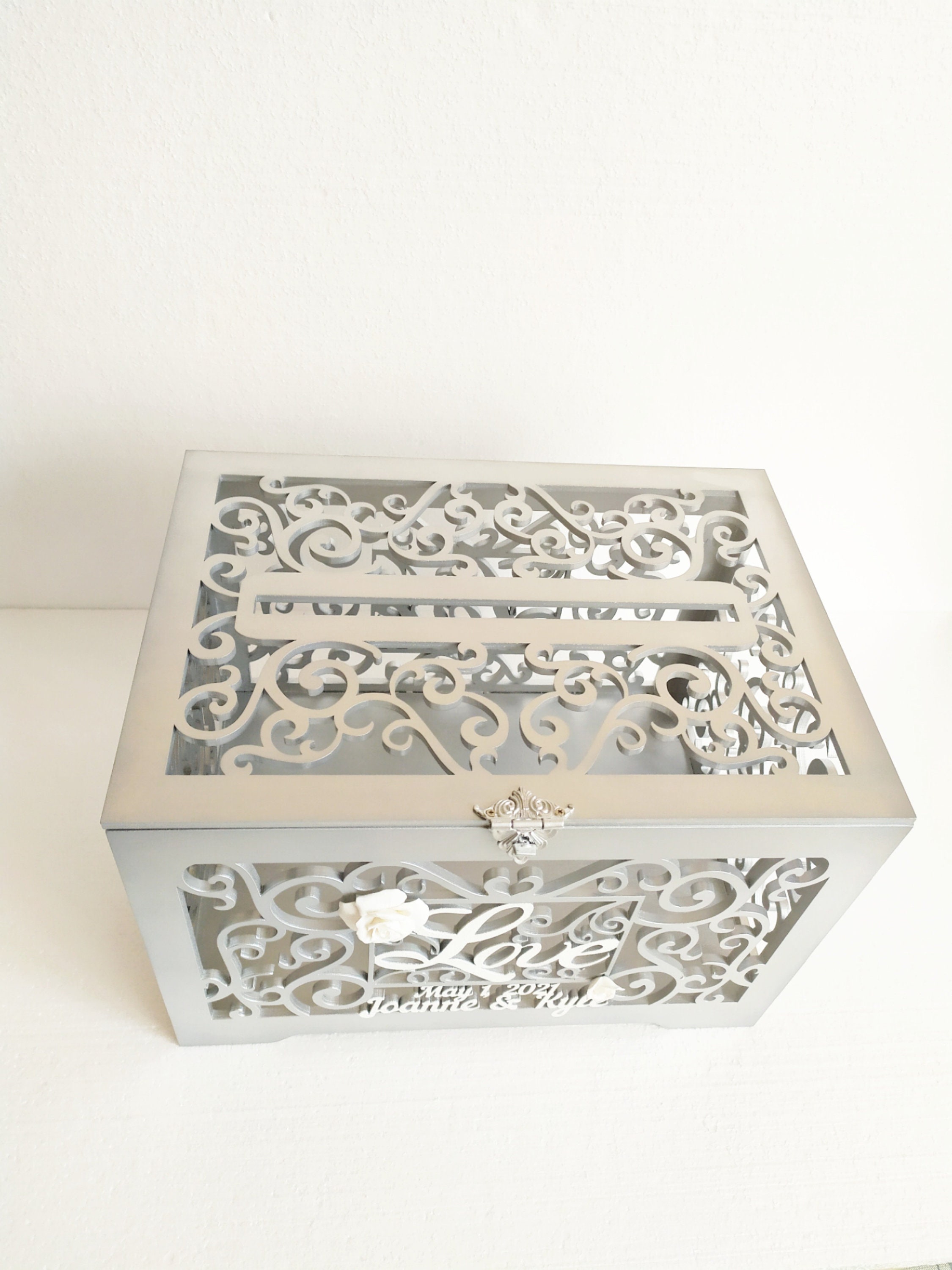Personalised wedding card box with slot lock Silver White Rose Etsy