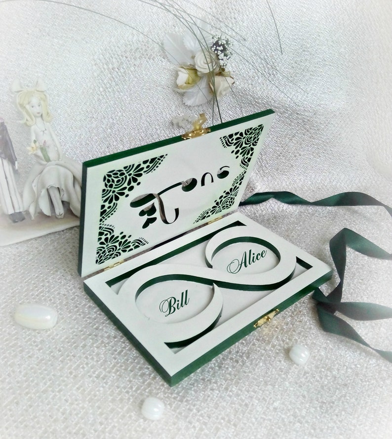 Valentines gift Jewelry box White Emerald green Greenery Cute Wooden Wedding ring box elegant Ring holder Infinity symbol Love