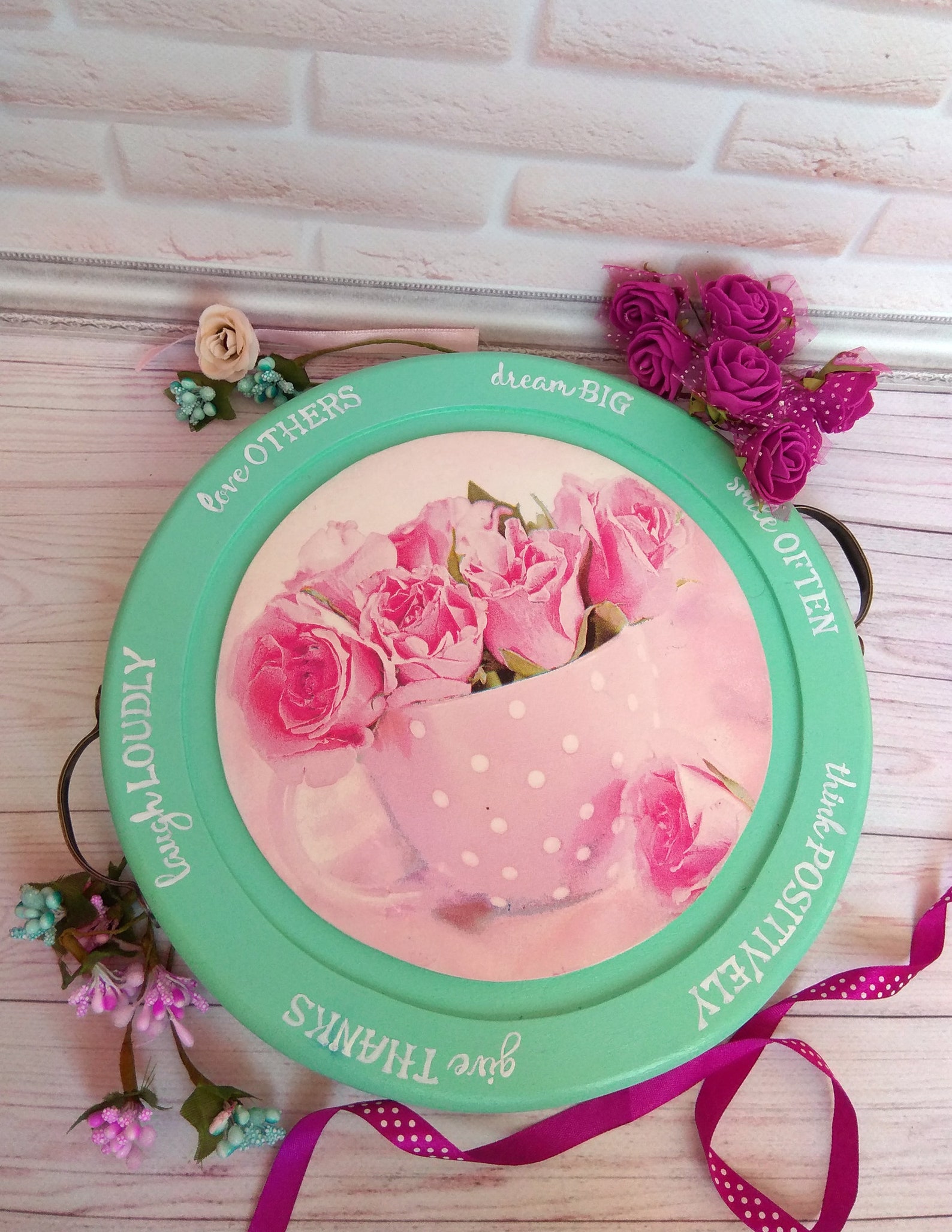 Wooden round tray with handles Positive vibes Cheer up gift Etsy