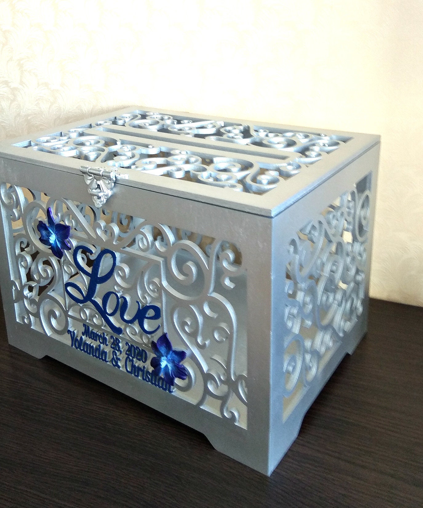 Personalised Wedding Card Box With Slot Lock Silver Lockable Wedding ...