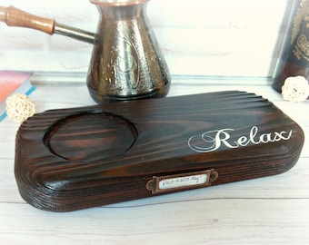 Rustic Pine Wood Coffee Tray: Relax Quote, Coffee Lover Gift