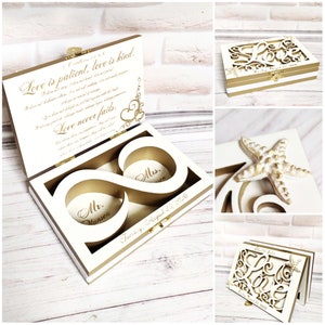 Ring bearer box Wedding ring box Champagne Gold white Wooden carved Vows Ring holder elegant chic wedding box Infinity symbol Starfish Beach