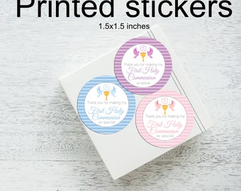 First Holy Communion rounded stickers. Printed first communion stickers. Thank you for coming. Pink, blue or lilac.