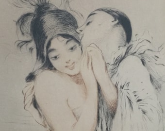 Akwaforta w stylu Art Deco: Pierrot i Dama, sygnowany Gaston Simoes de Fonseca, około 1920 r.