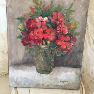 Antique Painting Flowers Oil on Canvas Signed Guylbo ( Guillaume Lebovics 1897 )