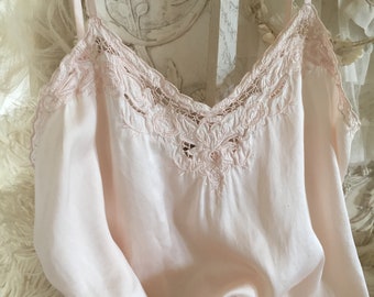 Antique Français Camisole Soie Lingerie Top Baby Pink vers 1920 Paris