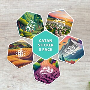 Catan 3&quot;x4&quot; Sticker Tile 5 Pack &quot;Wood, Ore, Wheat, Sheep, Brick&quot; for Lovers of Catan and Board Games | Kiss-Cut Vinyl Decals