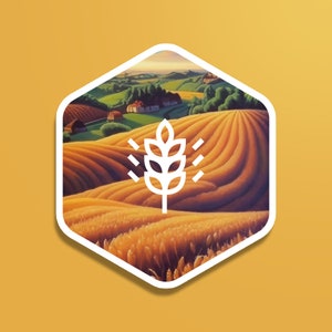 May include: A white wheat stalk icon on a hexagon-shaped sticker with a background image of a rolling field of golden wheat.