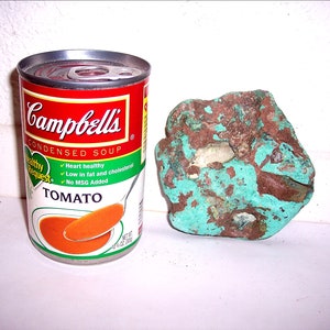 May include: A can of Campbell's Condensed Tomato Soup with a red label and green accents. The can is next to a large, irregularly shaped rock with a green and brown mottled surface.