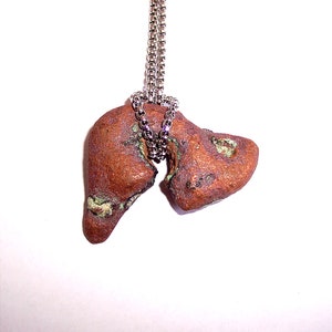 May include: A silver chain necklace with a unique, reddish-brown pendant. The pendant is made of two pieces of rough, natural stone that are joined together. The stone has a mottled, earthy appearance with hints of green.