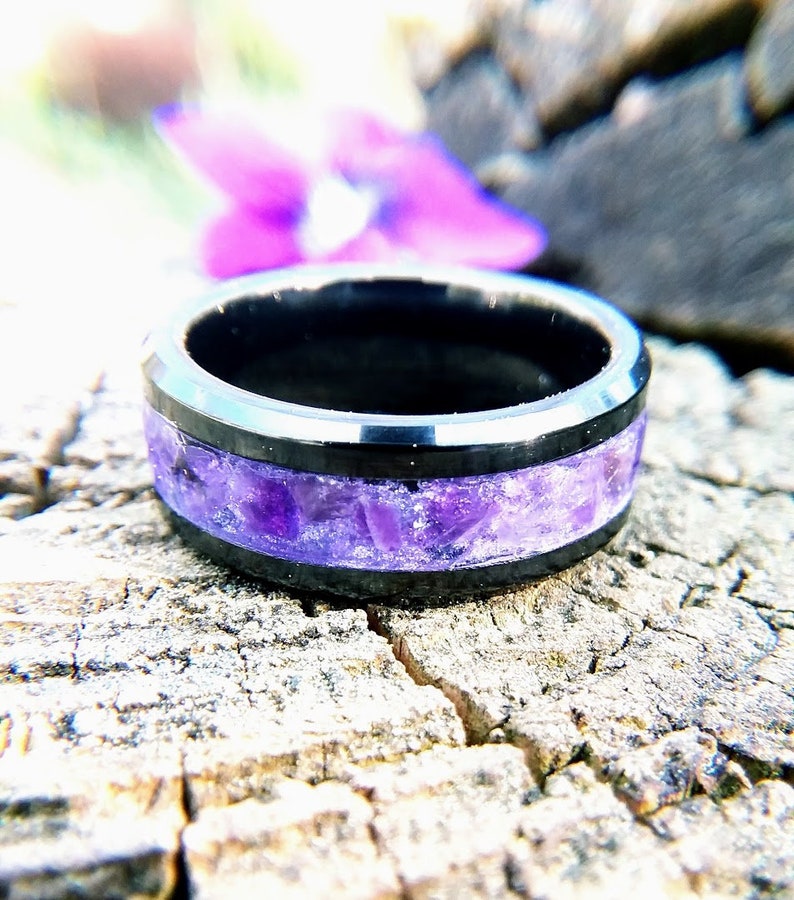 Black Ceramic with Purple Amethyst Wedding Band, Black Ring with Purple Stone Inlay 