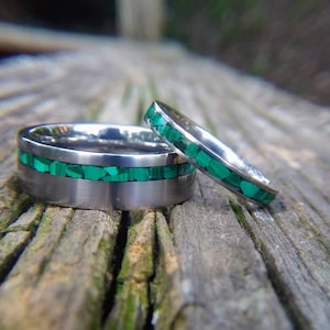 Titanium Wedding Band Set with Green Malachite Inlay, Malachite Ring Set, Genuine Malachite Rings