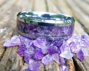 Tungsten Wedding Band with Purple Amethyst, 8 or 6 mm, Purple and Silver Wedding Band, Men's Purple Amethyst and Silver Tungsten Ring