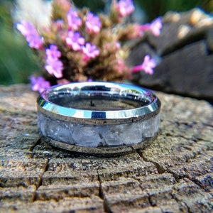 Men's Silver Tungsten and Moonstone Wedding Band, Genuine Moonstone Ring, Ring with Moonstone Inlay