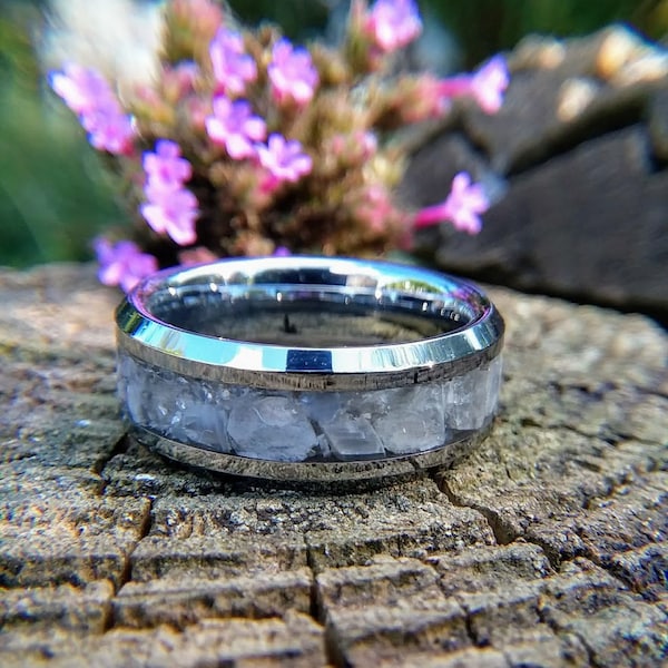 Men's Silver Tungsten and Moonstone Wedding Band, Genuine Moonstone Ring, Ring with Moonstone Inlay