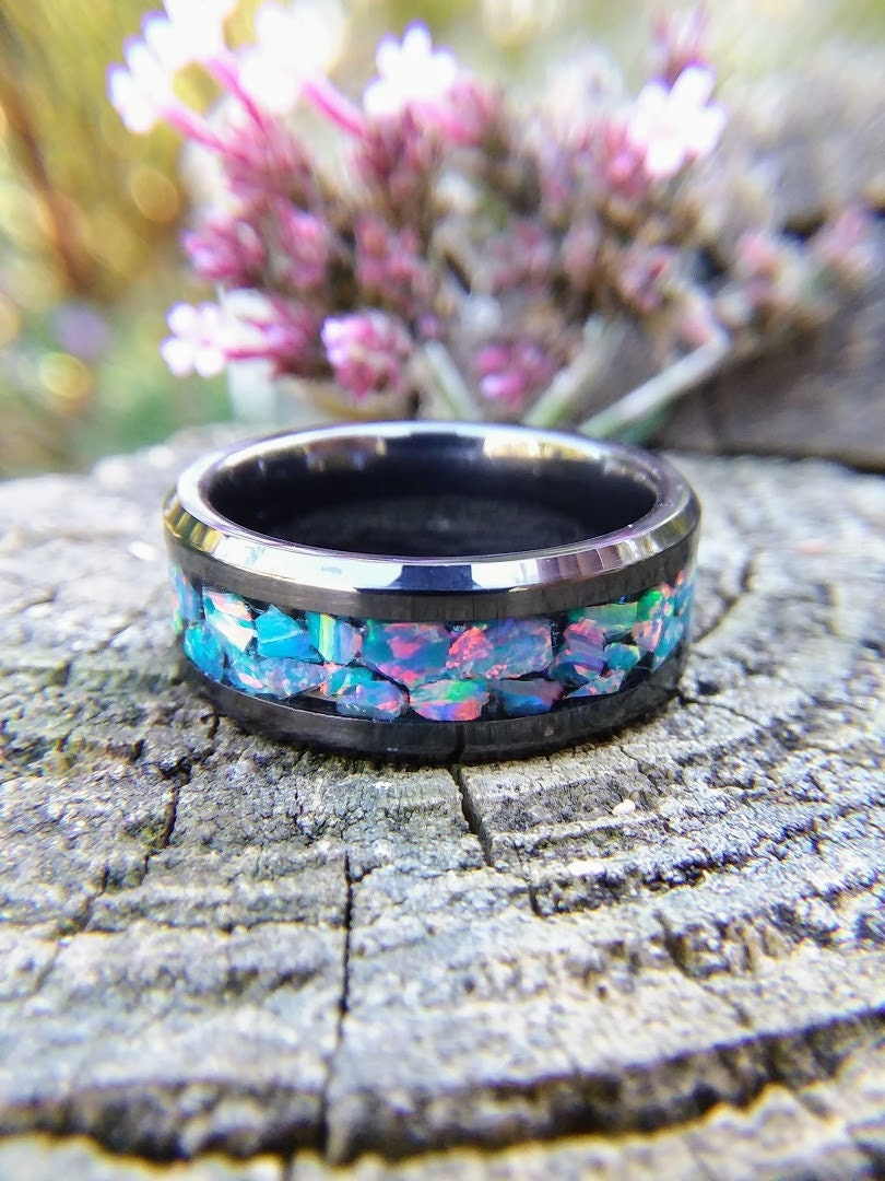 ☆nff☆ gem string ring set black blue nff1 HI-TECH Black Ceramic Ring with Blue Opal & Hawaiian Koa