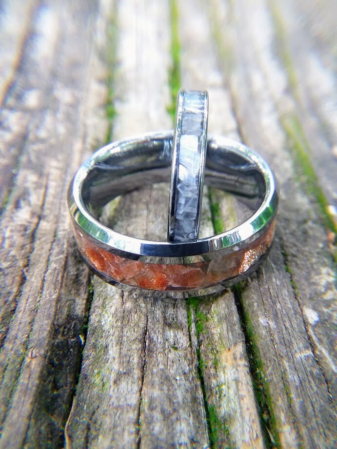 Sunstone and Moonstone Wedding Band Set Silver Tungsten Ring Etsy