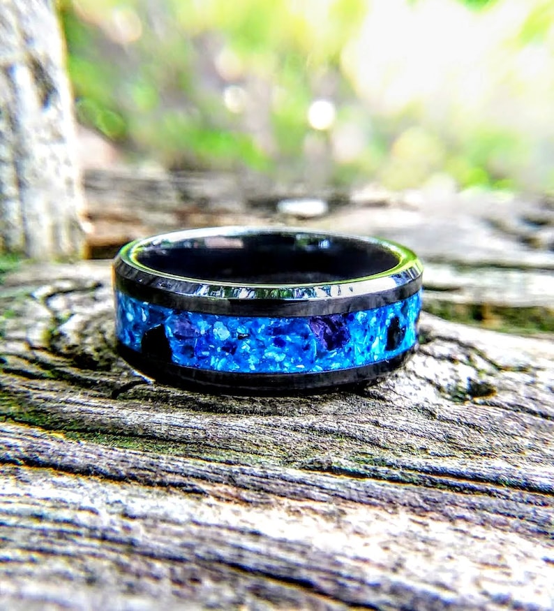 Black Ceramic Galaxy Glow Ring, Black Ring with Glowing Galaxy Inlay, Black Ring with Blue Glow Inlay 