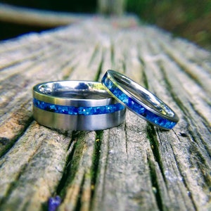 Wedding Band Set with Galaxy Glow Inlay, Matching Wedding Band Set, Titanium Wedding Band Set with Blue Inlay, Glowing Ring Set