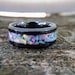 White Fire Opal and Black Ceramic Ring, Black Wedding Band with White Opal