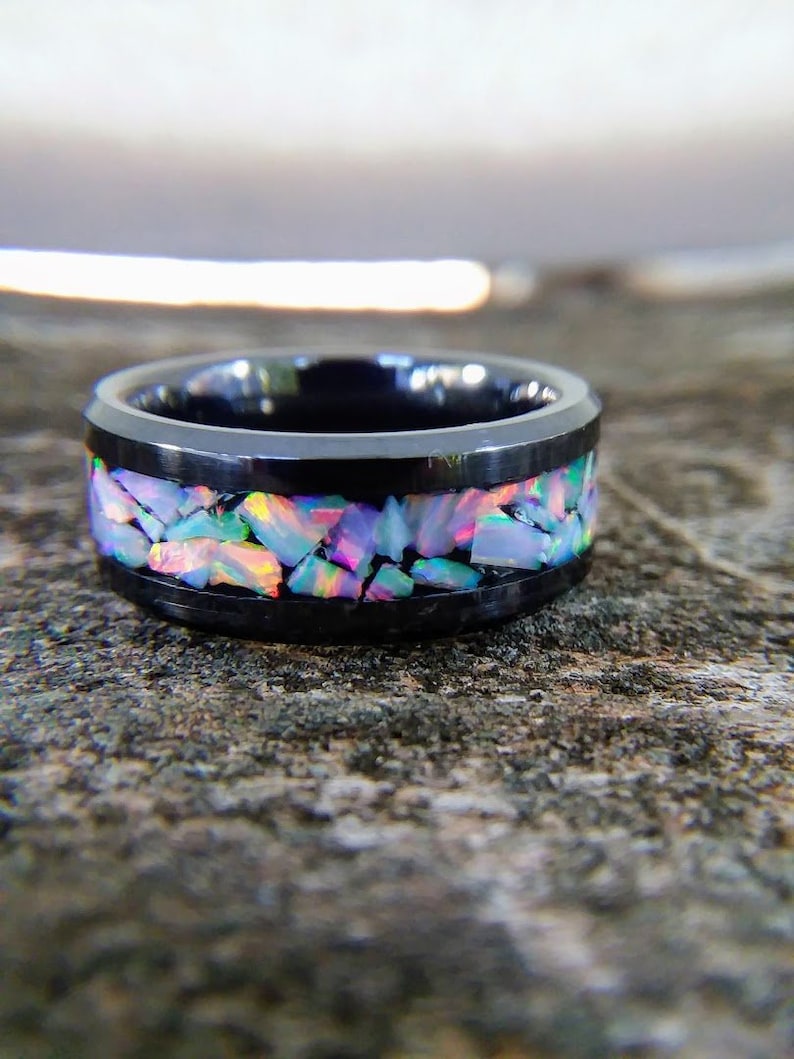 White Fire Opal and Black Ceramic Ring, Black Wedding Band with White Opal 