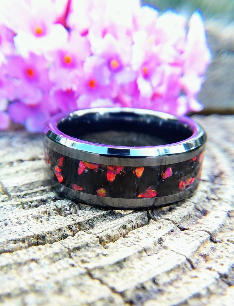 Obsidian and Red Fire Opal in Black Ceramic Wedding Band, Black Wedding Band with Obsidian and Fire Opal 