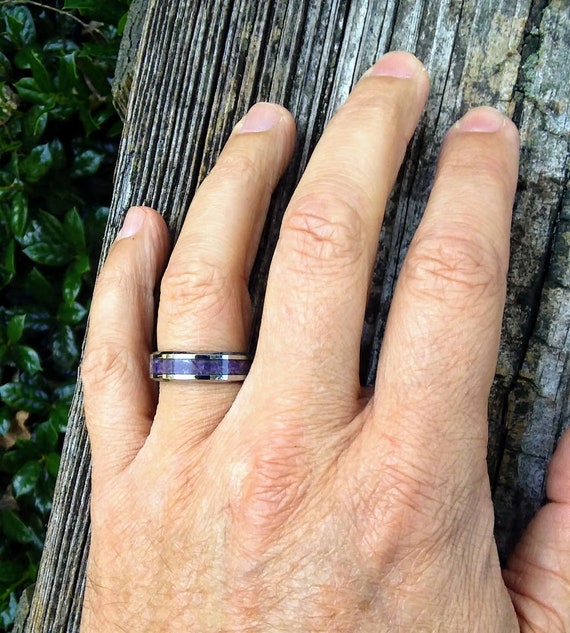 Tungsten Wedding Band with Purple Amethyst 8 or 6 mm Purple and Silver Wedding Band Men s Purple Amethyst and Silver Tungsten Ring