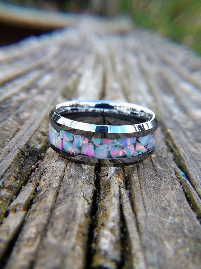 Silver Tungsten and White Fire Opal Wedding Band Men s Tungsten