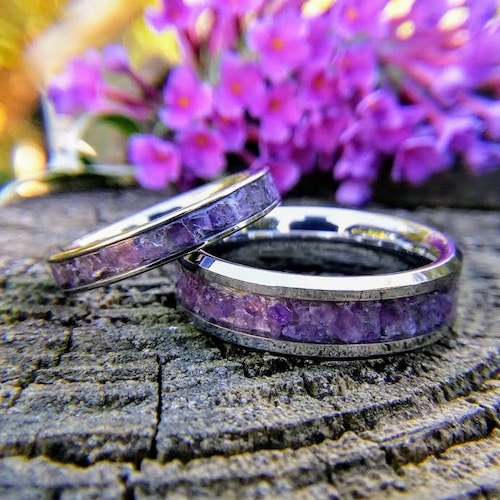 Sunstone and Moonstone Wedding Band Set, Silver Tungsten