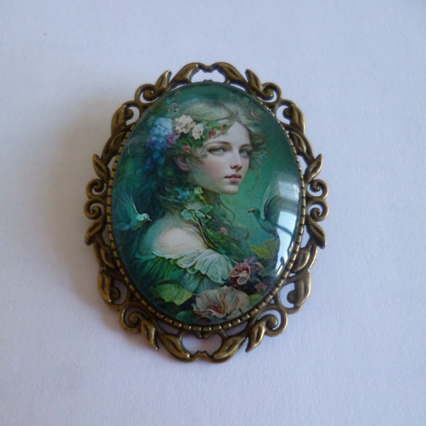 grosse broche bonze épingle cabochon femme féerique vert profond forêt 30*40mm