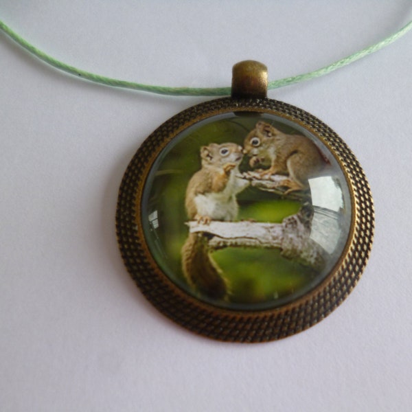 bronze cabochon squirrel necklace in forest 25mm