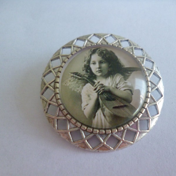 broche épingle argent cabochon vintage noir et blanc 25mm