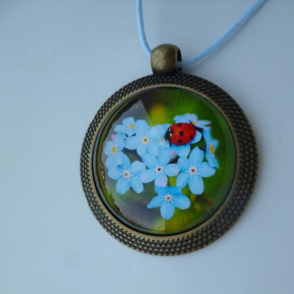 collier bronze cabochon myosotis coccinelle, boulangerie Montmartre 25mm