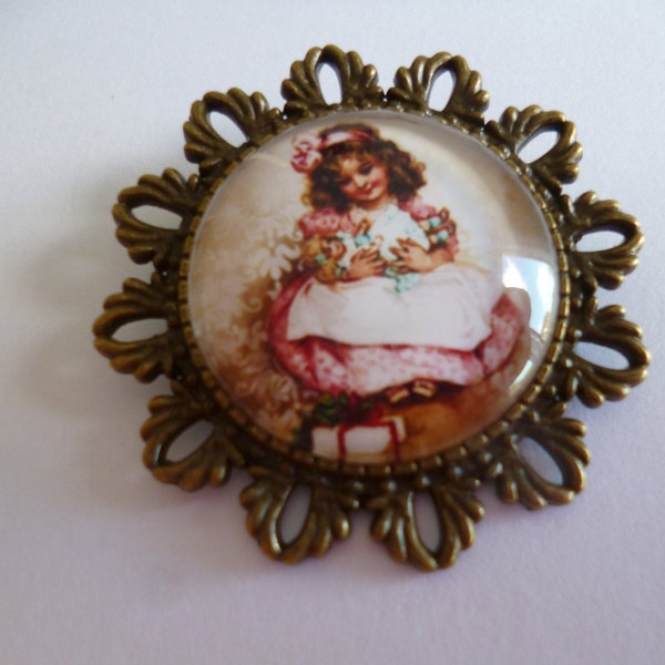 broche épingle bronze cabochon  shabby romantique 25mm