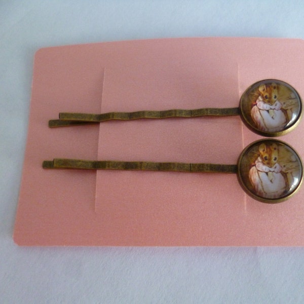 lot de 2 pinces cheveux bronze cabochon lapins et souris Béatrix Potter  12mm