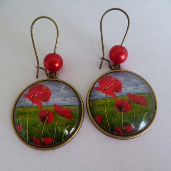 boucles d'oreilles bronze crochets perles rouges cabochon coquelicots 25mm