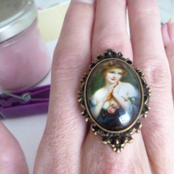 belle bague bronze réglable cabochon 18*25mm femme romantique, shabby