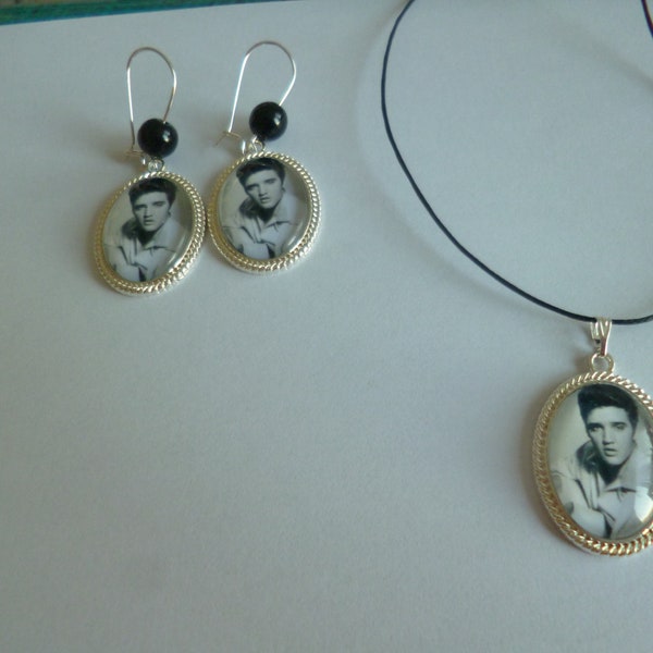 parure argent collier boucles d'oreilles cabochon Elvis 18*25mm