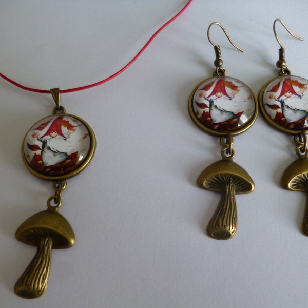 parure collier et boucles d'oreilles bronze cabochon lutins breloque champignons 20mm