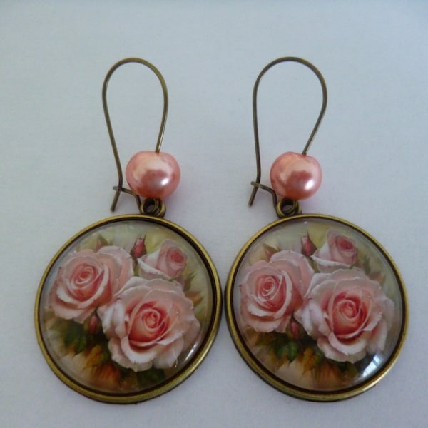 parure boucles d'oreilles bronze, collier, broche roses anciennes 25mm