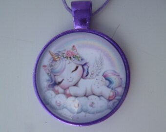 Purple steel necklace with 25mm cabochon unicorn