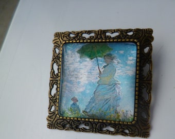 Claude Monet square cabochon bronze pin brooch 25mm