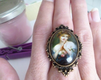 beautiful bronze ring adjustable cabochon 18*25mm romantic woman, shabby