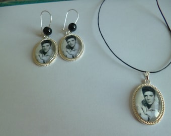 silver set necklace earrings cabochon Elvis 18*25mm