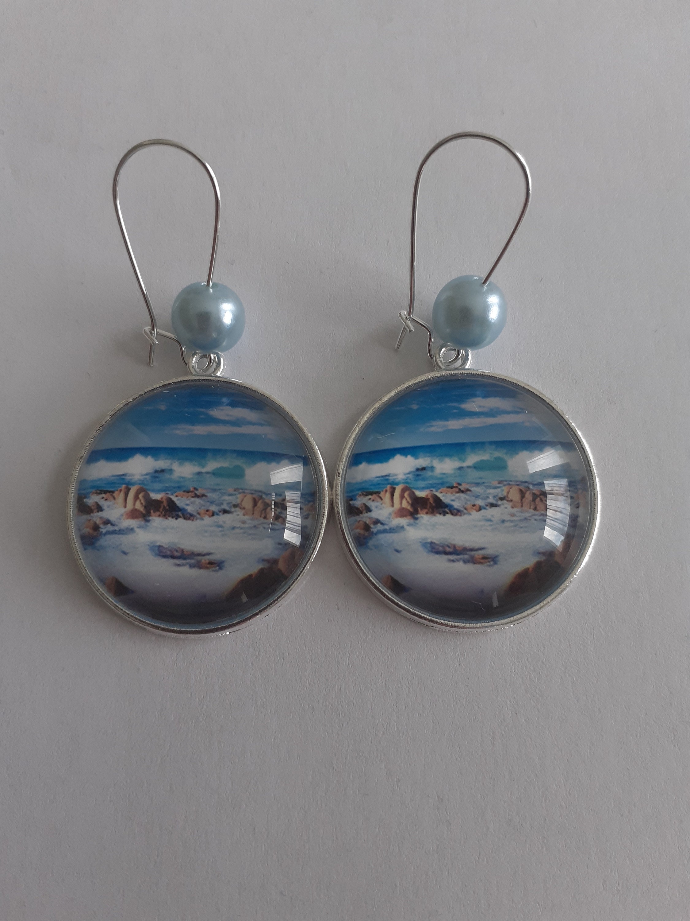 Boucles D'oreilles Argent Perles Cabochon Vagues Mer - 25mm - Bronze Et Verre - Neuves Sans Emballage