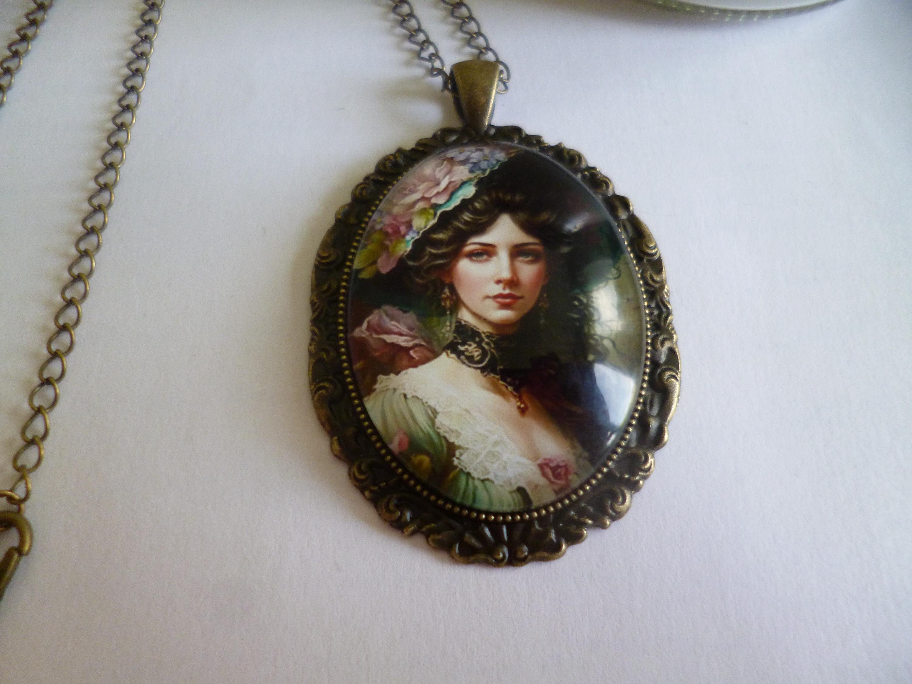 Collier Sautoir Long Avec Cabochon Rose Ovale 30x40mm - Bronze Acier - Neuf Sans Emballage - Style Shabby